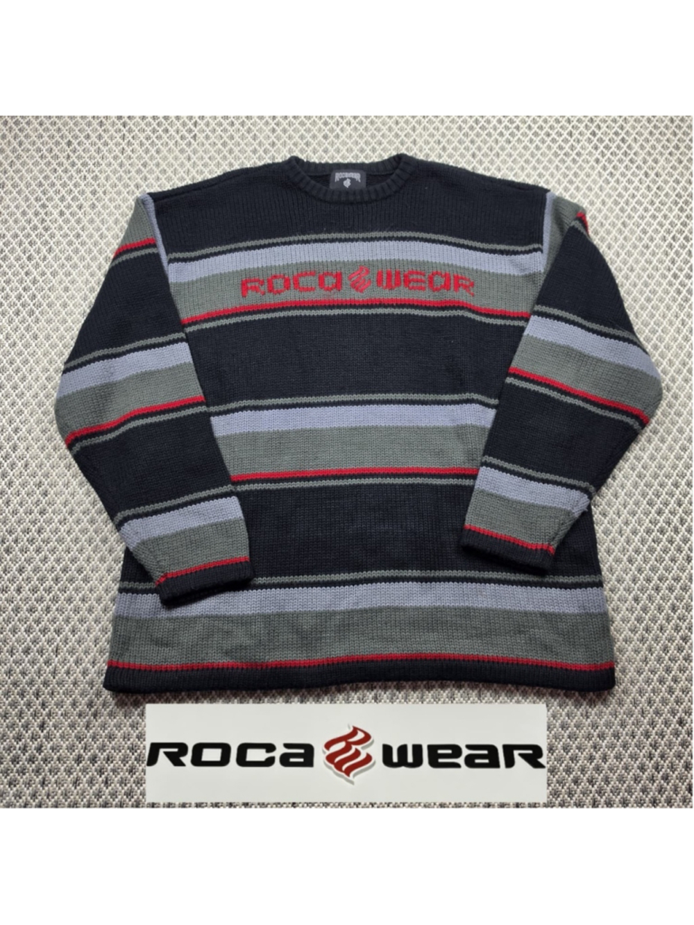 Rocawear Striped Knit Sweater XL Black Gray Red Embroidered Logo Y2K Hip Hop